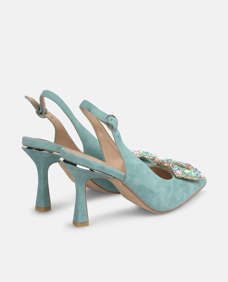 FLAT HEELED SHOE WITH MULTICOLORED STONE BUCKLE