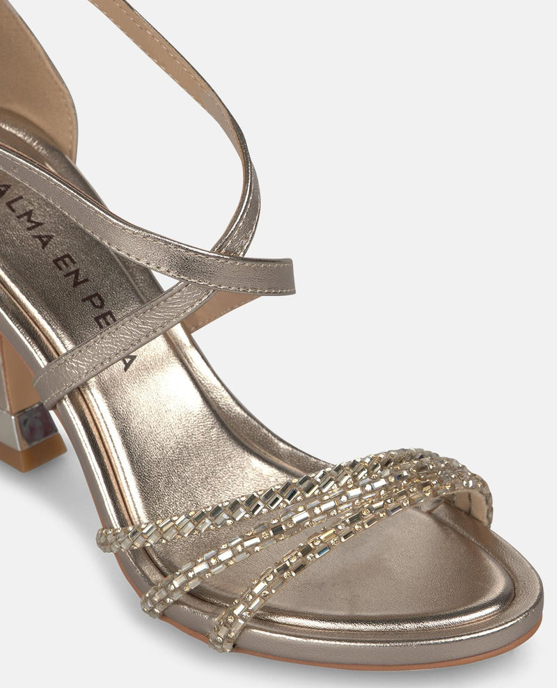 METALLIC TRANSFER STRAP HEELED SANDALS