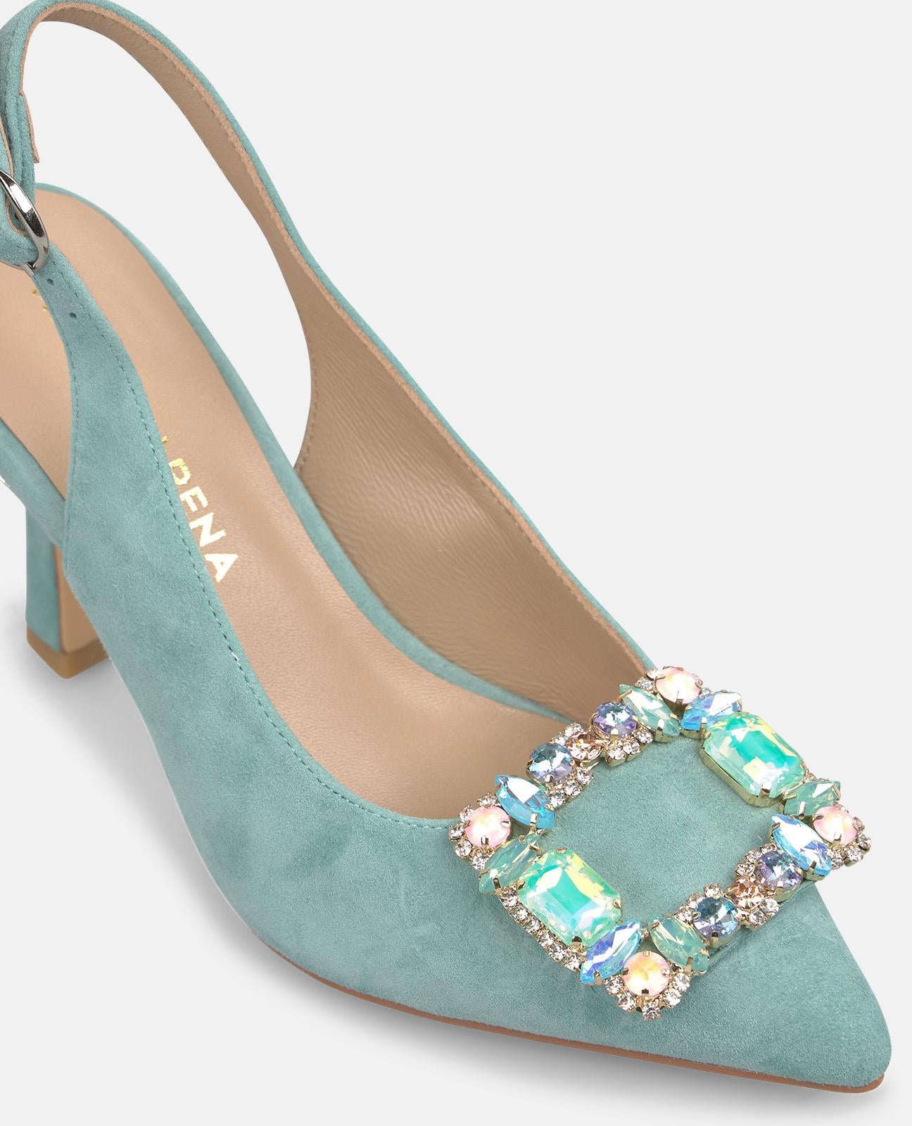 FLAT HEELED SHOE WITH MULTICOLORED STONE BUCKLE