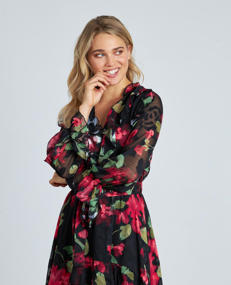 VESTIDO ESTAMPADO VOLANTES CINTURÓN