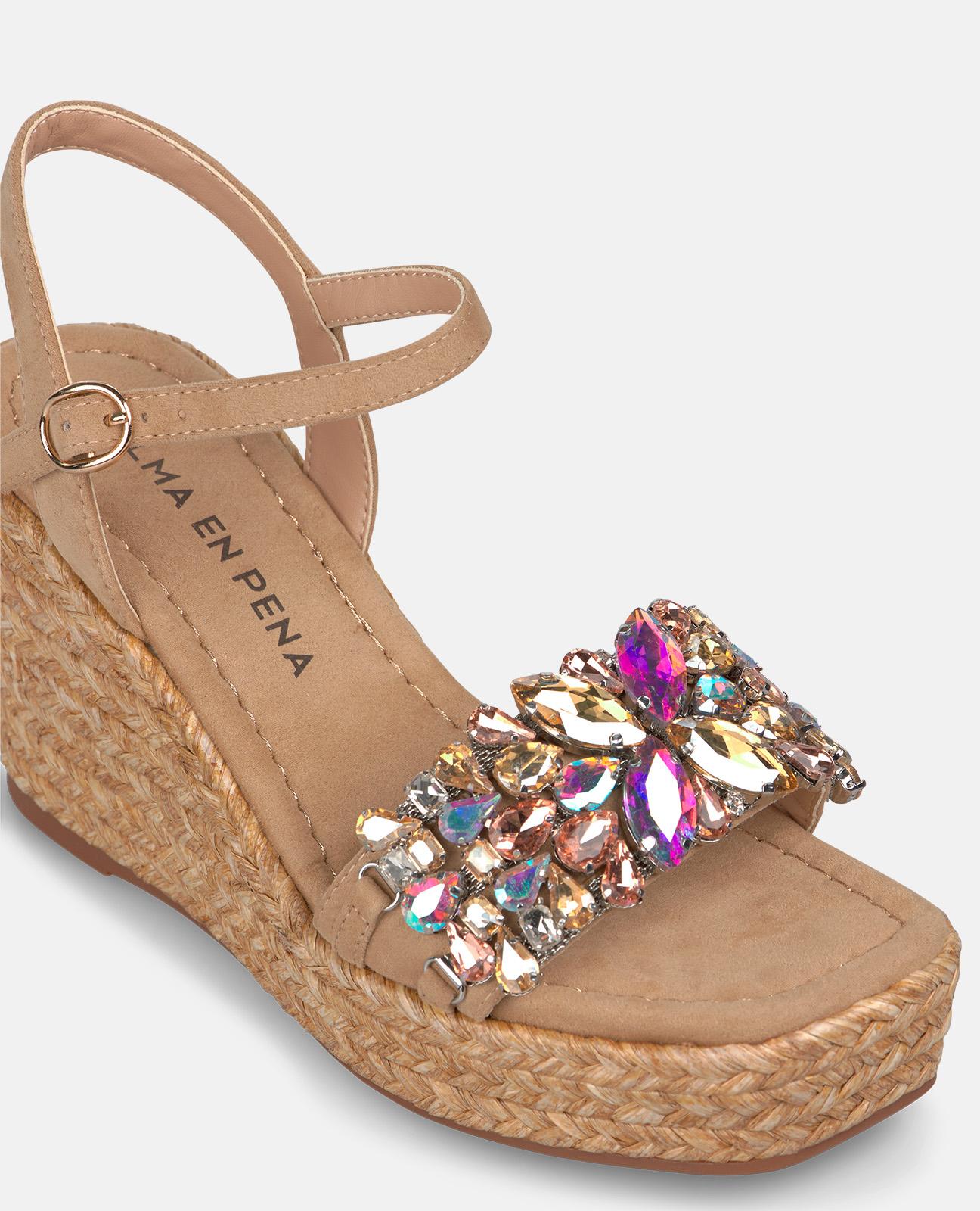 Platform Espadrille Sandals with Floral Rhinestones