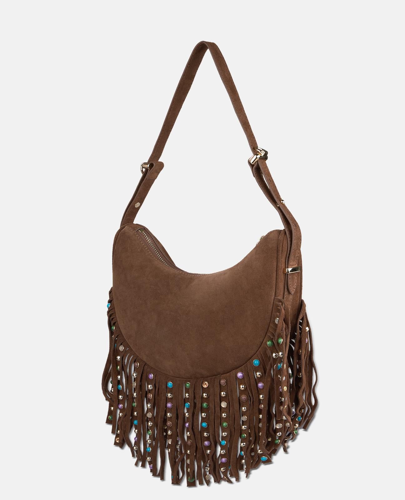 BOLSO MEDIA LUNA PIEL CON FLECOS