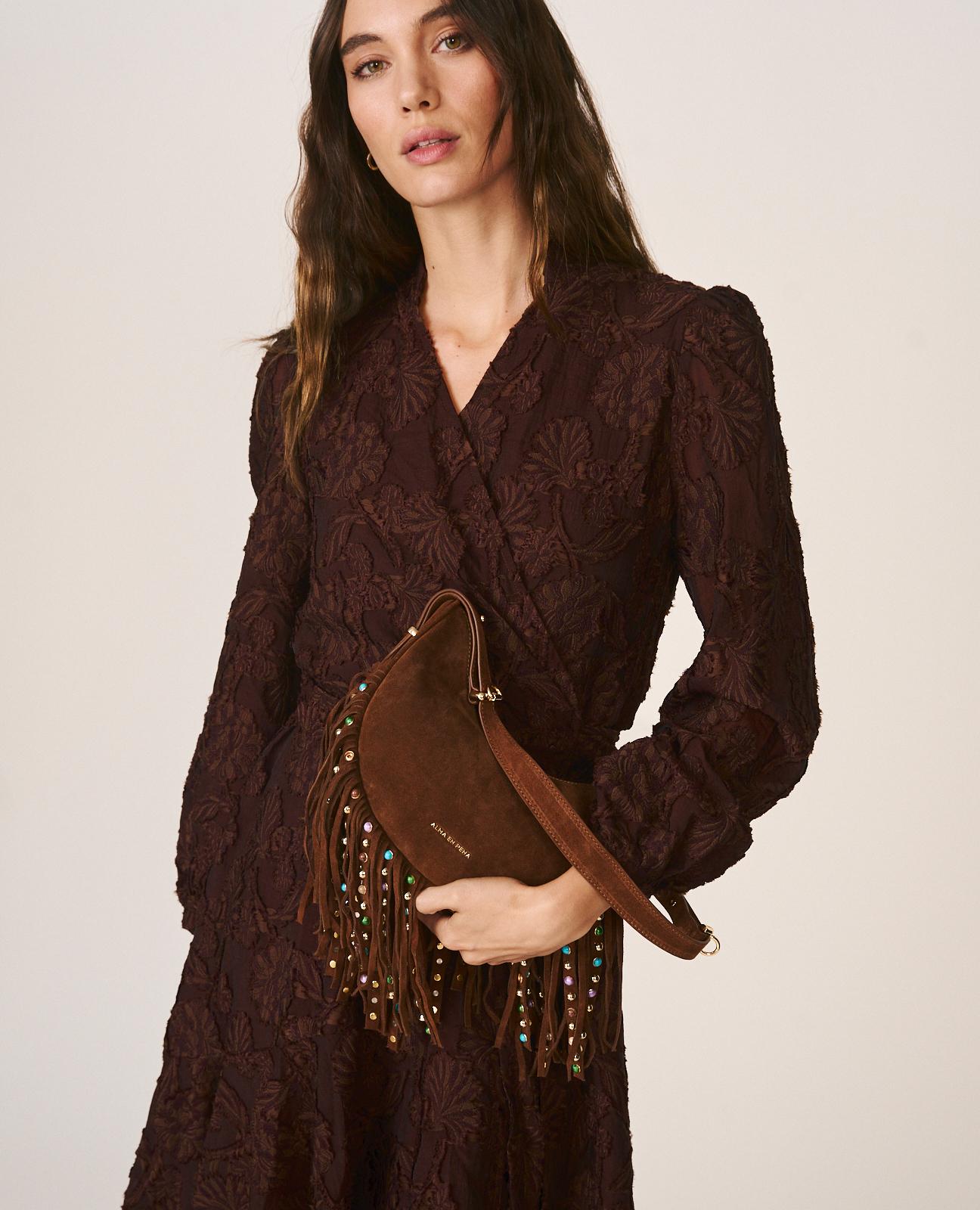 BOLSO MEDIA LUNA PIEL CON FLECOS