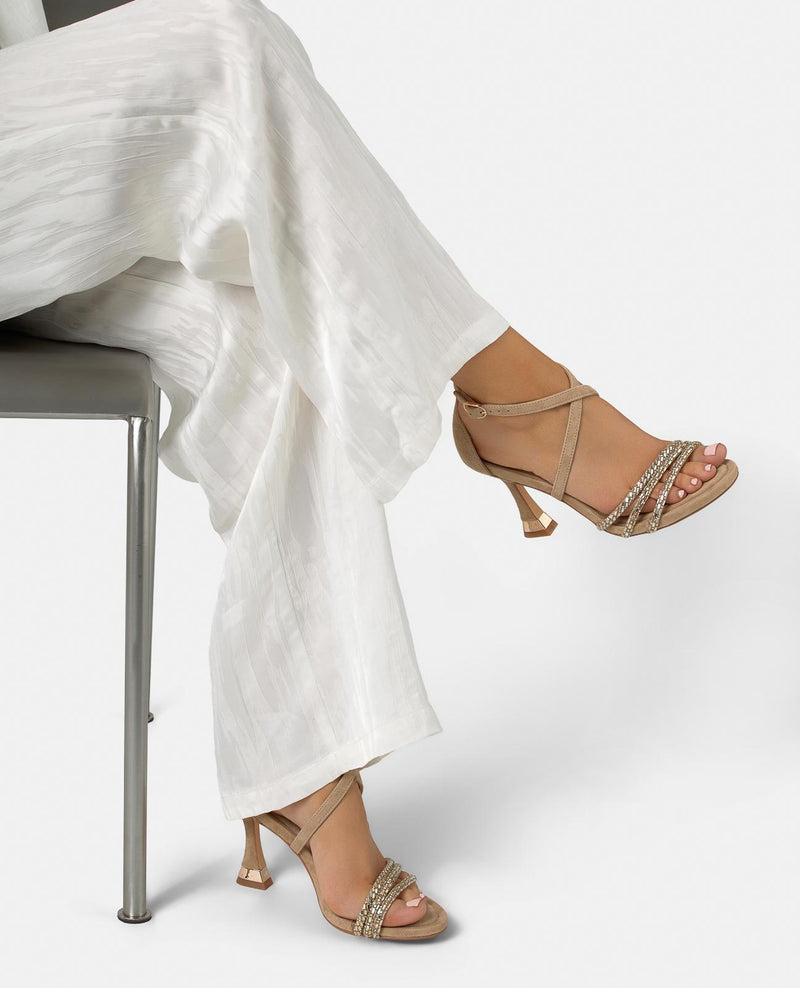 METALLIC TRANSFER STRAP HEELED SANDALS