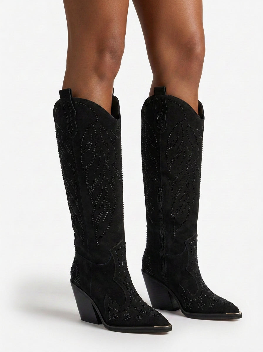 STIVALE DA COWBOY IN PELLE SCAMOSCIATA CON STRASS