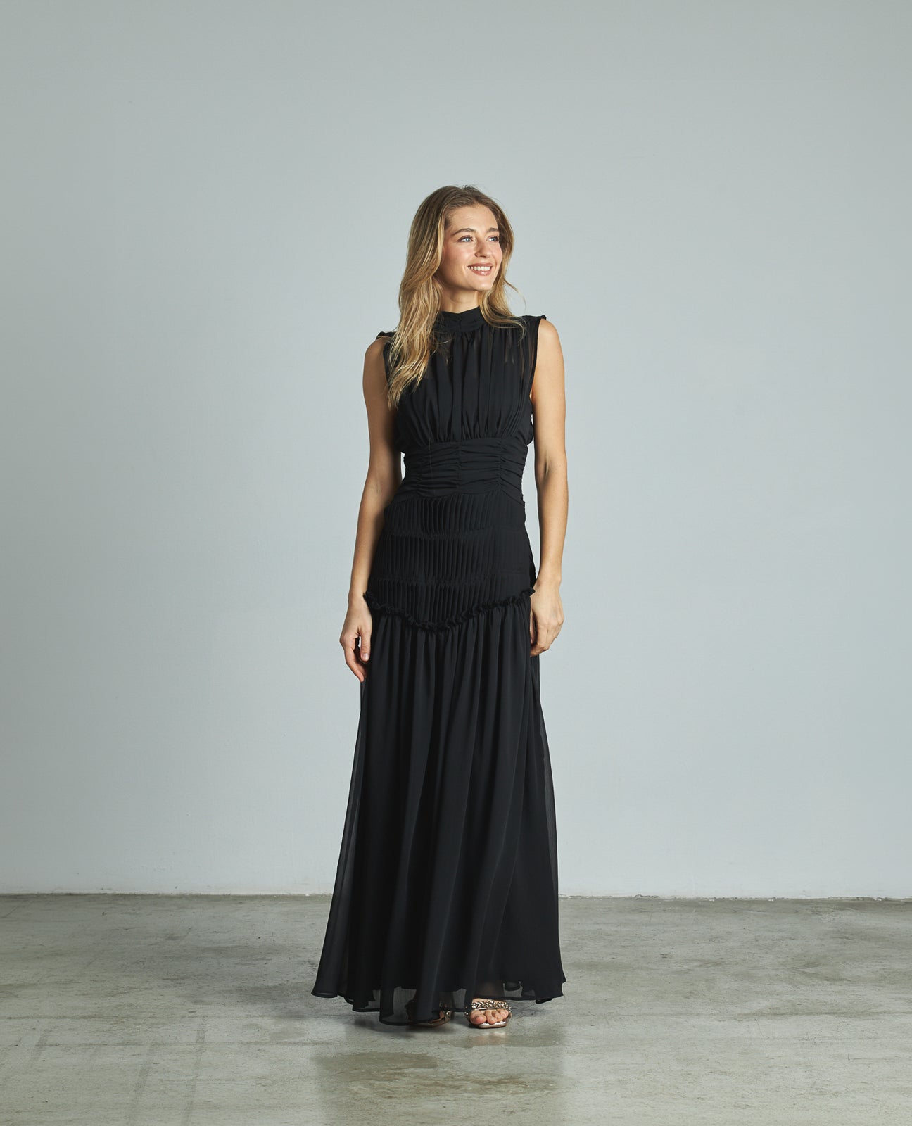LONG PLEATED HALTER DRESS