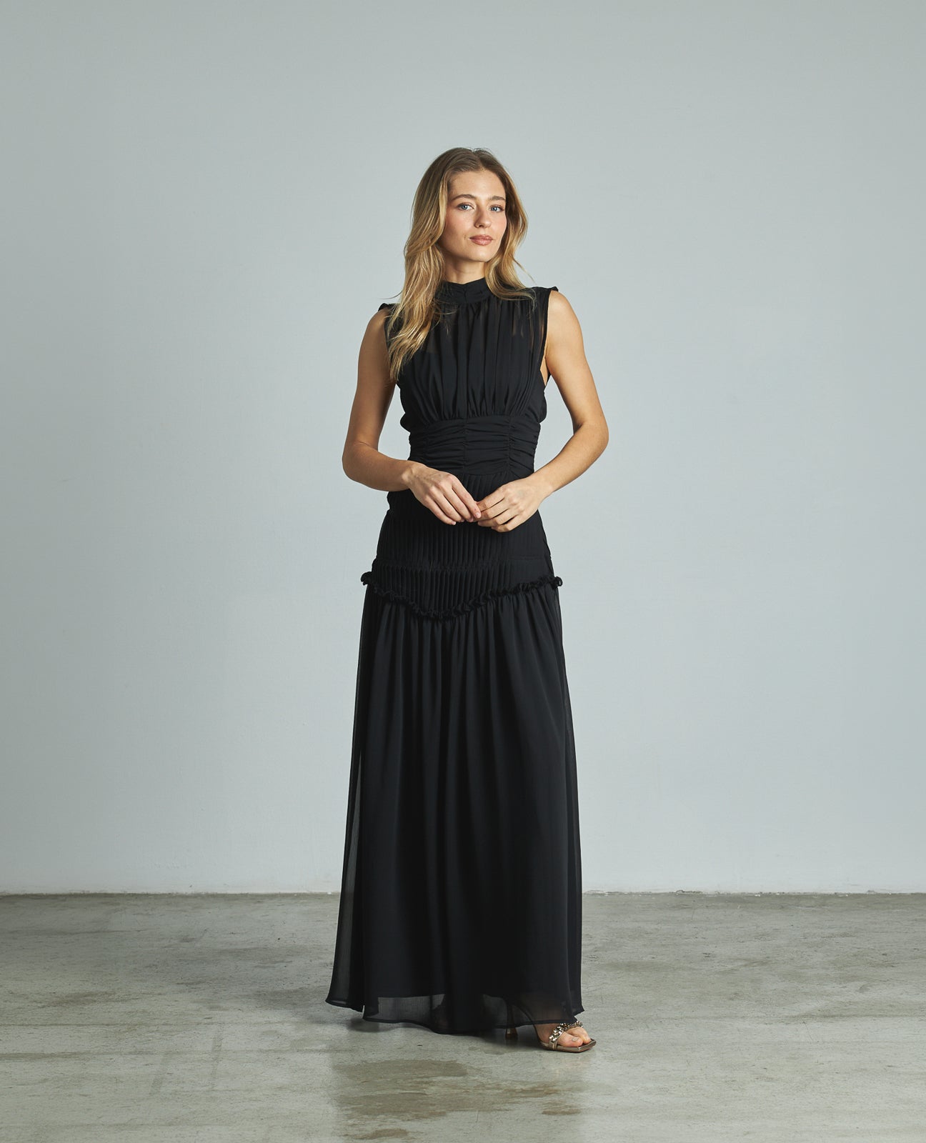 LONG PLEATED HALTER DRESS