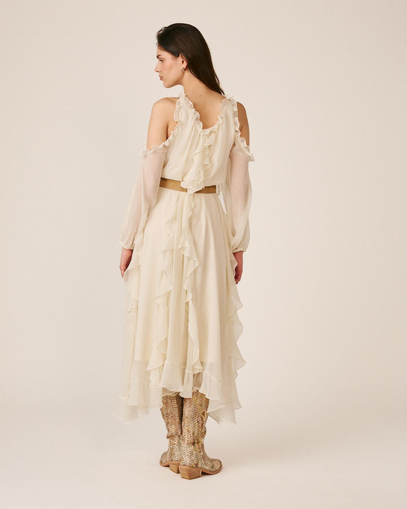 VESTIDO MIDI FLUIDO COM VOLANTES